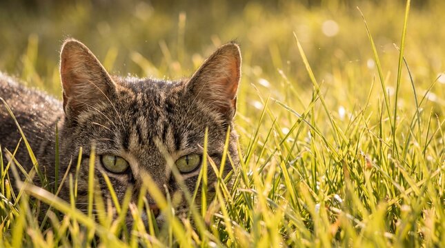 Cat crouched in grass demonstrates natural predatory behavior and stealth, symbolizing agility and environmental awareness.