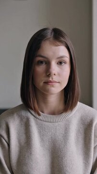 A young woman takes a steady breath while refocusing her mind, showing calm concentration and emotional balance in a soft indoor setting.