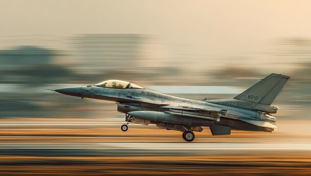 Fighter Jet Accelerating on Runway During Takeoff with Motion Blur.