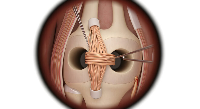 Knee Ligament Reconstruction Illustration Showing ACL Graft Placement With Surgical Sutures and Anatomy


