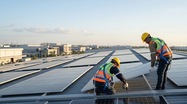 Construction team installing solar panels on industrial building rooftop green energy workers with safety harnesses sustainable technology implementation renewable power