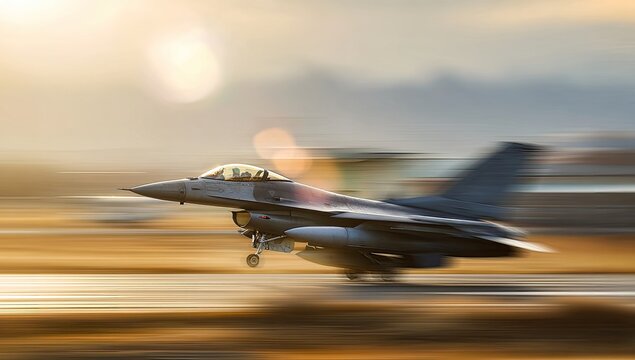 Fighter Jet Taking Off in Motion Blur at Sunset.