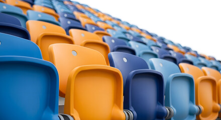 Fototapeta premium Rows of colorful stadium seats under a bright white sky