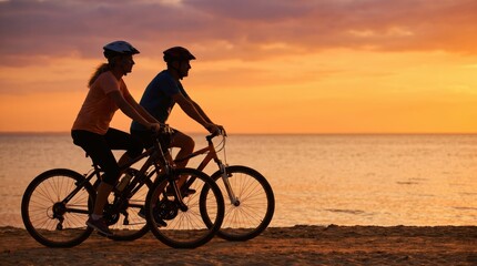 Fototapeta premium Mature couple enjoying active healthy lifestyle and cycling at golden hour