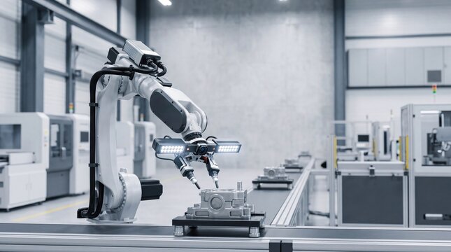 Advanced industrial robotic arm performing precision automation assembly in modern factory manufacturing technology AI production line engineering concept