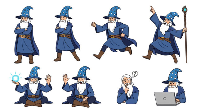Collection of Wizard Characters in Various Poses and Actions.