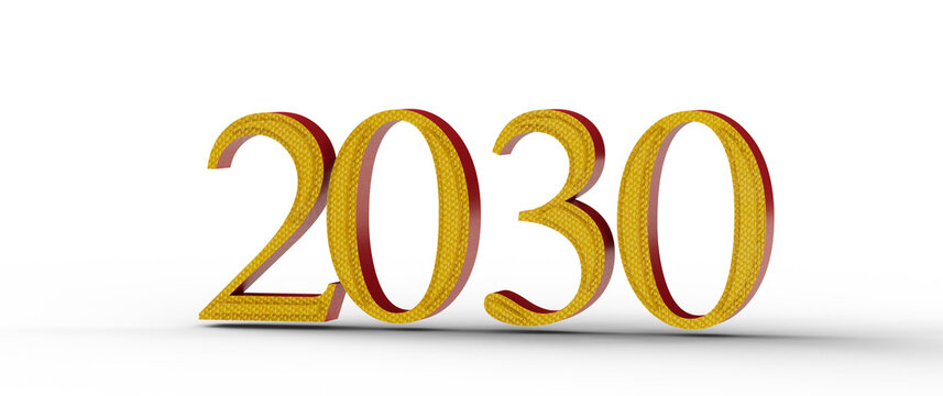 A stylish 3D render of the year 2030 in gold, representing future, concept, and planning. Ideal for design needs and fut
