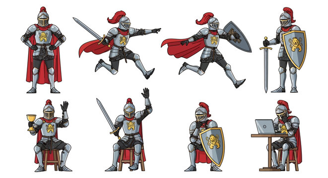 Collection of Knights in Various Poses and Activities.