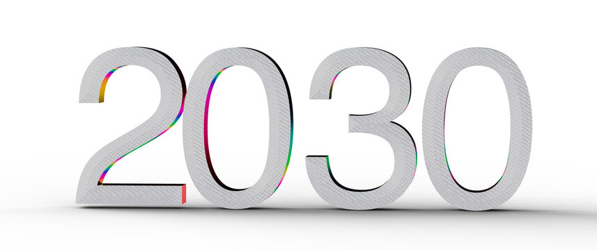 Image of the year 2030, futuristic design with colorful accents and a clean white background, perfec