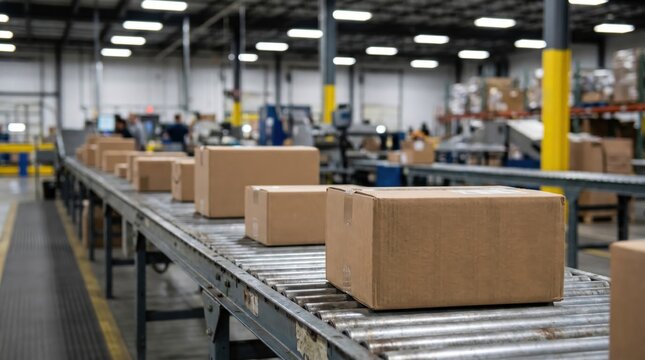 Cardboard boxes moving on conveyor belt in modern automated warehouse