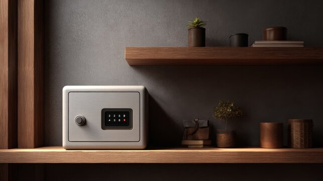 Modern digital safe on wooden shelf in elegant interior with secure keypad and minimal styling