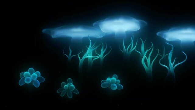 Glowing blue jellyfish with trailing tentacles float gracefully against a dark black background, creating a mystical underwater scene with bioluminescent light effects.