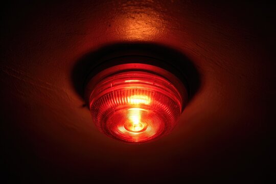 Close-up of a red emergency alarm light glowing brightly.