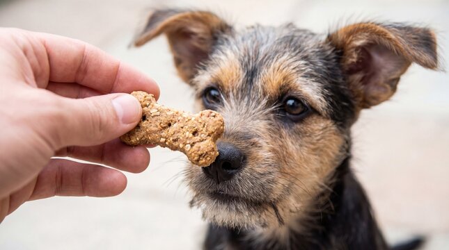 Puppy focuses on a biscuit, illustrating training methods and canine behavior. Key for obedience, motivation, and pet nutrition.