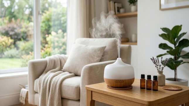 Essential oil diffuser in a calming living area enhancing relaxation and wellness. Aromatherapy promotes tranquility and stress relief.