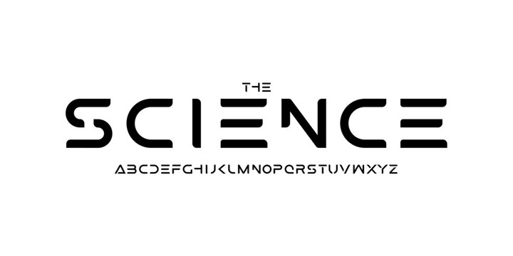 Science technology font, futuristic alphabet for scientific headline, medical digital product logo, display device typography, app UI typographic design. Modern vector typeset.