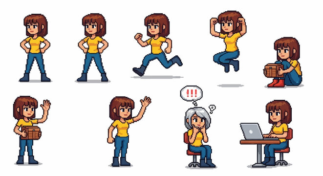 Collection of Pixel Art Character Poses and Actions.