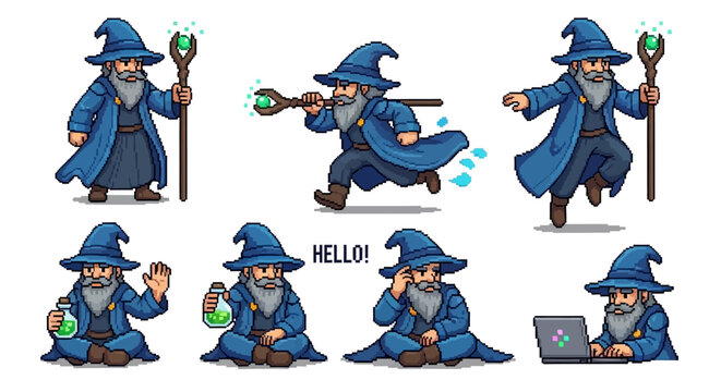 Collection of Wizard Characters in Various Poses and Activities.