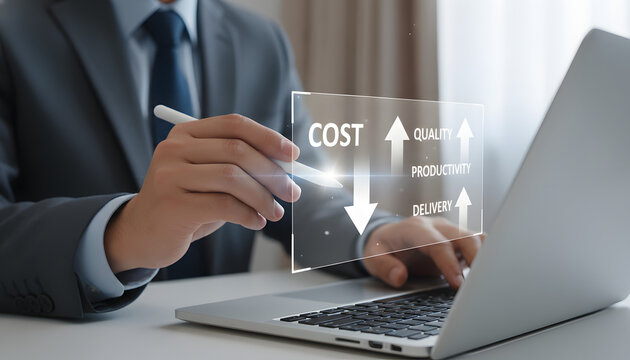 Business professional using a laptop with a digital interface showing cost reduction and increased quality, productivity, and delivery metrics
