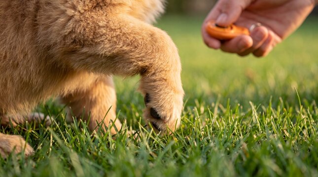 Canine training using clicker for behavior reinforcement on grassy lawn, enhancing pet obedience.