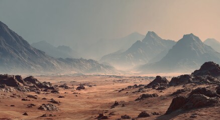 Naklejka premium Alien Planet Landscape with Rocky Terrain and Distant Mountains.