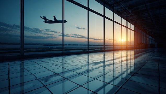 Airplane Taking Off at Sunset Viewed from Airport Terminal Window.