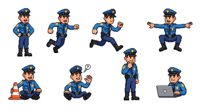 Pixel Art Police Officer Character Set Diverse Poses.