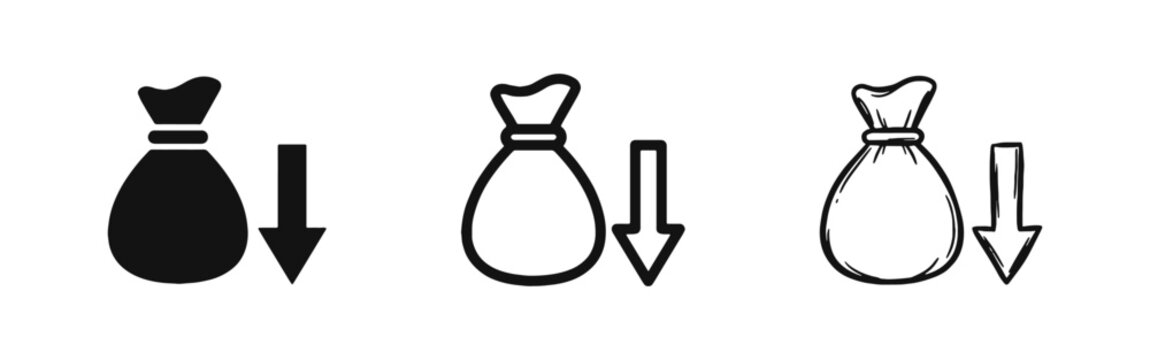 Money Bag with Down Arrow Icon Set Representing Loss and Inflation