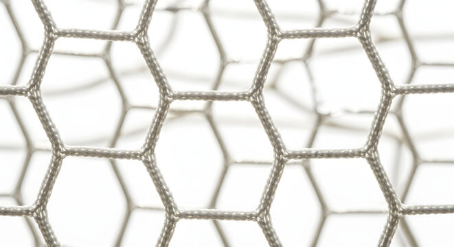 A close-up view of a metal chicken wire mesh with a hexagonal pattern on a white background