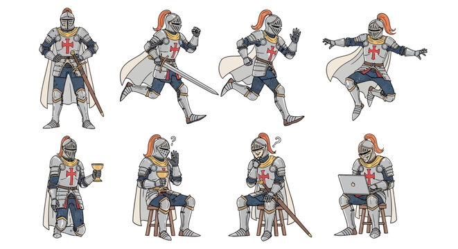 Knights Templar In Various Poses And Activities.