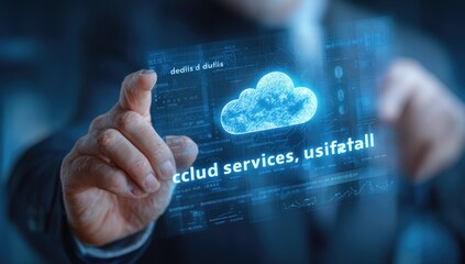 Obraz premium Hand Touching Futuristic Cloud Services Interface with Glowing Data.
