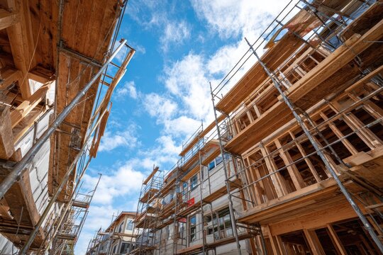 Construction site with wooden scaffolding and blue sky with clouds.