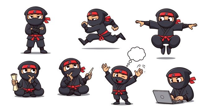 Cute Ninja Characters Set Diverse Poses Action.