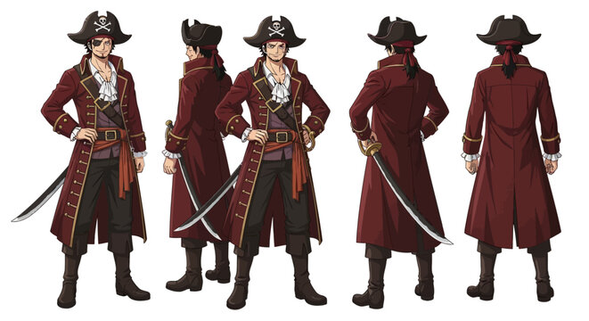 Male Pirate Character Design Front and Side Views.