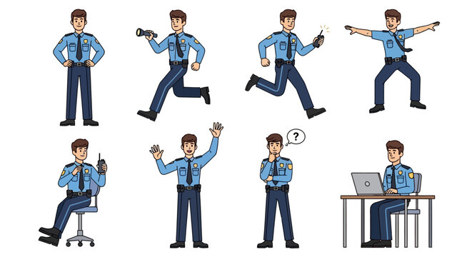 Set of police officers in various poses and actions.