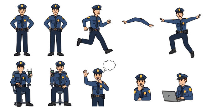 Collection of Police Officer Poses and Actions.