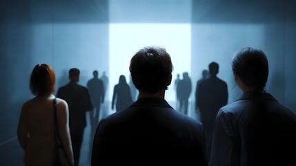 Fototapeta premium A group of figures stands in a modern illuminated corridor symbolizing a collective journey toward a bright future