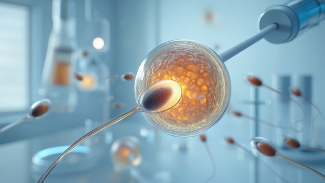 A detailed microscopic view of a fertilized egg cell being injected with a sperm in a laboratory setting for IVF treatment, showcasing the medical technology and innovation in fertility care.