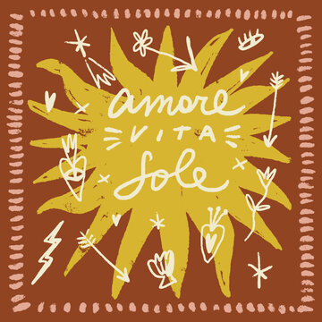 Vector hand drawn lettering with the Italian phrase Amore Vita Sole Love Life Sun. Elegant modern calligraphy in a stylish brush script, perfect for romantic designs, inspirational posters, greeting