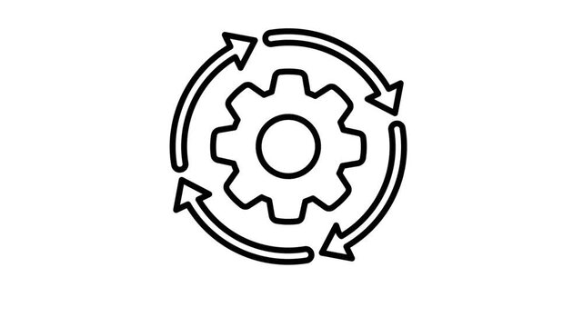 Animated line art icon of a gear with three circular arrows showing process lifecycle