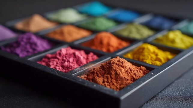 A vibrant collection of various colored powders and pigments arranged neatly in a segmented palette