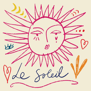 Elegant hand-drawn lettering Le Soleil The Sun in modern calligraphy style. Decorative typography with artistic strokes, perfect for posters, greeting cards, branding, packaging, apparel design, and
