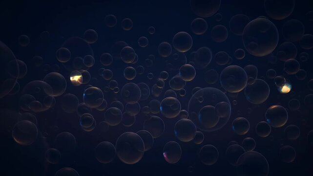 Abstract digital animation of luminescent spheres with glowing accents suspended against a dark navy background, creating a serene 3D particle effect.