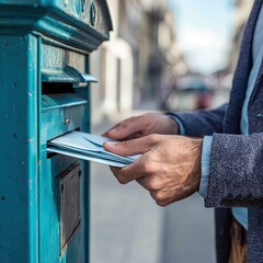 Naklejka premium Man Mailing a Letter into a Vintage Teal Postbox.