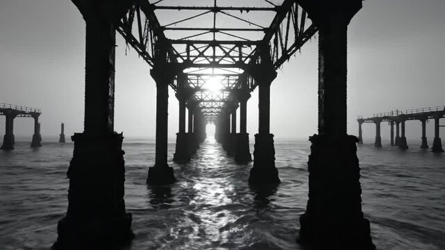 Dramatic black and white view underneath weathered pier structures over choppy ocean with sunlight at the end