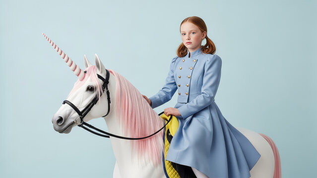 Girl rides a unicorn horse with pink mane in studio
