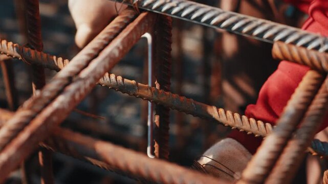 Worker tying steel rebar with wire on reinforcement cage close up