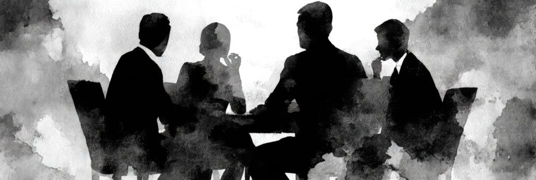 Silhouettes of business people in a meeting around a table, abstract background.
