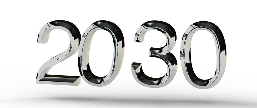 Abstract 3D rendered illustration of the year 2030 in a futuristic and chrome design. Perfect for tech, innovation, and