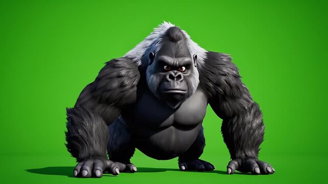 A fierce cartoon gorilla with an angry animation pose, set against a cartoon gorilla green screen background for meme